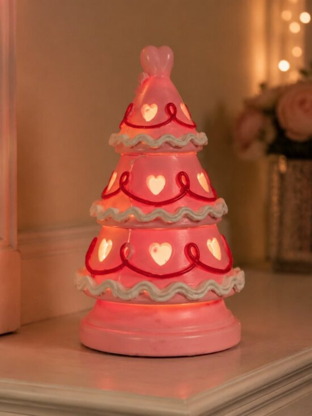 Pink Valentine LED Light Up Cake Tree Heart Cutout Tabletop Decor NWT